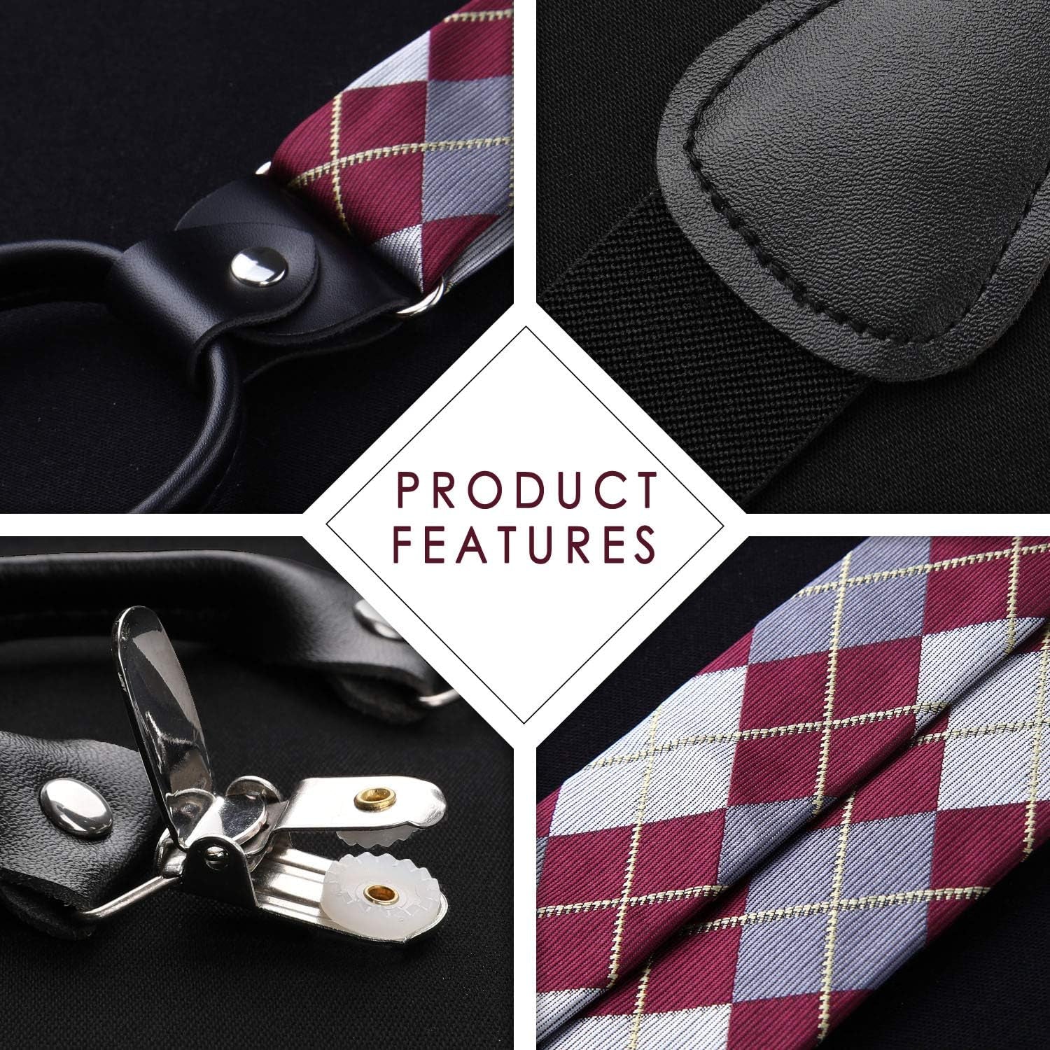 Bow Tie and Suspenders for Men Plaid Suspender Self Bowtie Pocket Square Adjustable Y Shape Mens Trouser Braces