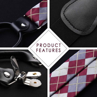 Bow Tie and Suspenders for Men Plaid Suspender Self Bowtie Pocket Square Adjustable Y Shape Mens Trouser Braces