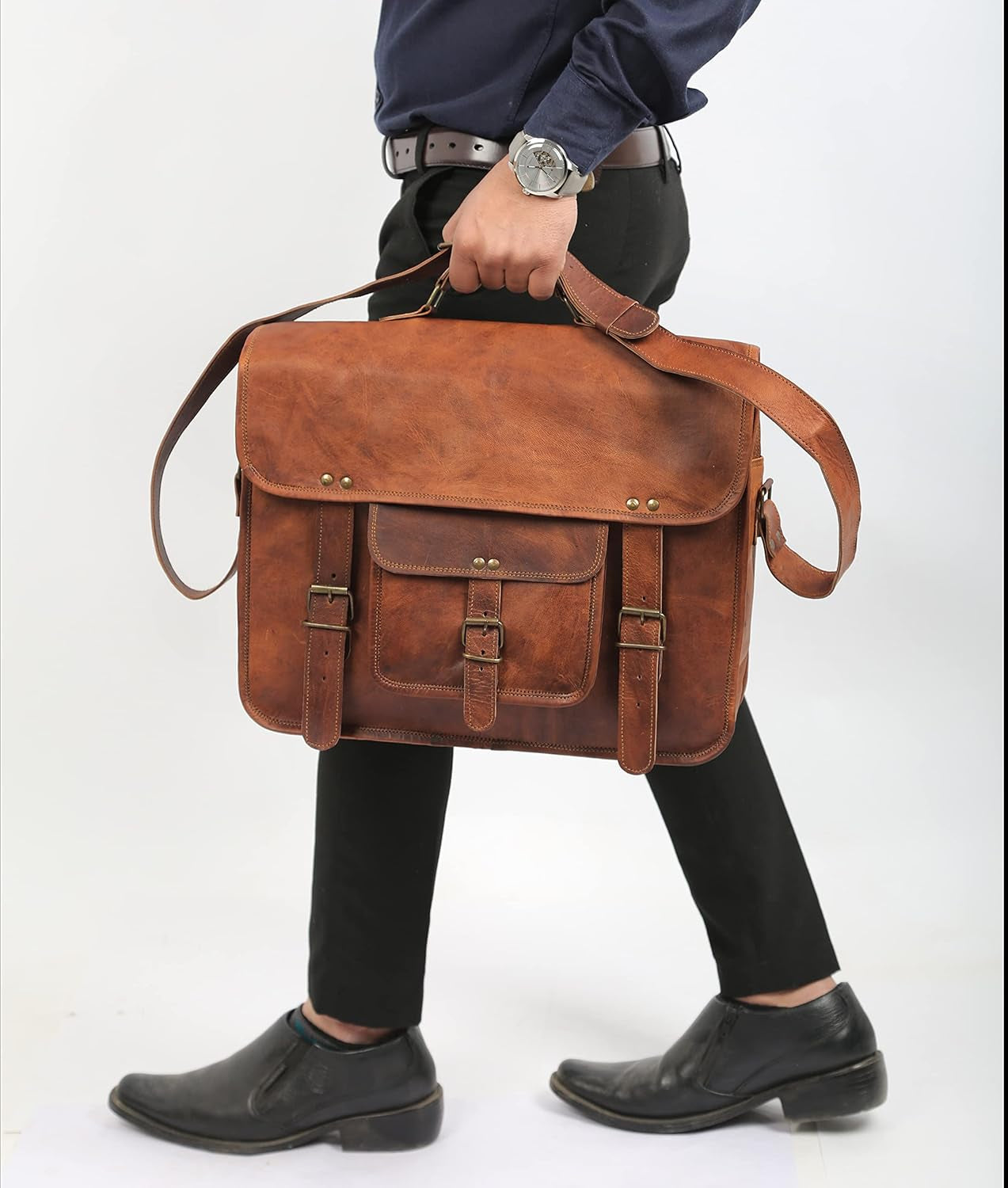 16" Handmade Leather Travel Messenger Office Crossbody Bag Laptop Briefcase College Satchel Computer Best Bag for Men and Women Brown