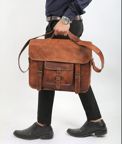 16" Handmade Leather Travel Messenger Office Crossbody Bag Laptop Briefcase College Satchel Computer Best Bag for Men and Women Brown