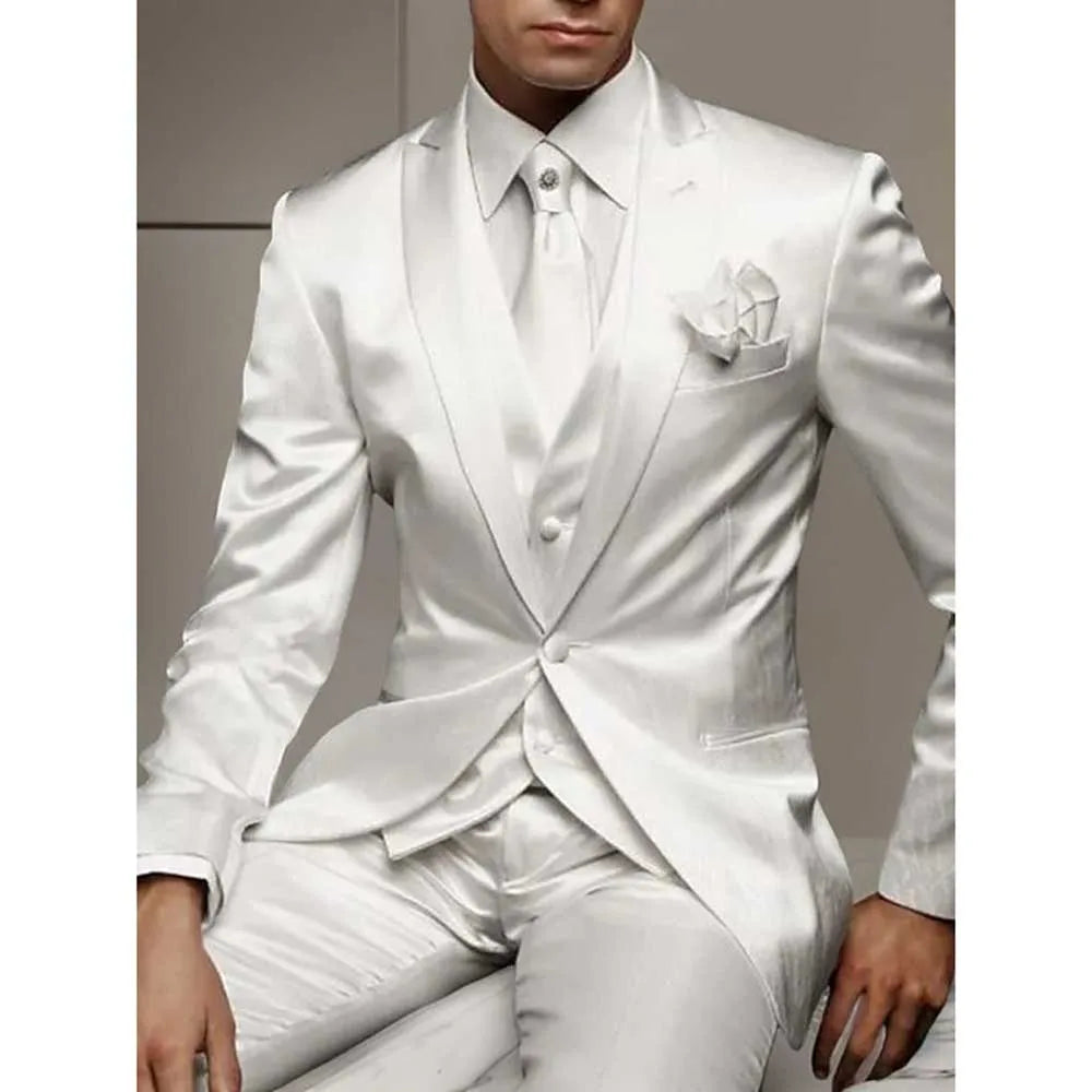 Luxury White Satin Men's Suits 3 Piece Jacket Pants Vest Male Clothing Formal Wedding Party Groom Banquet Business Blazers Sets