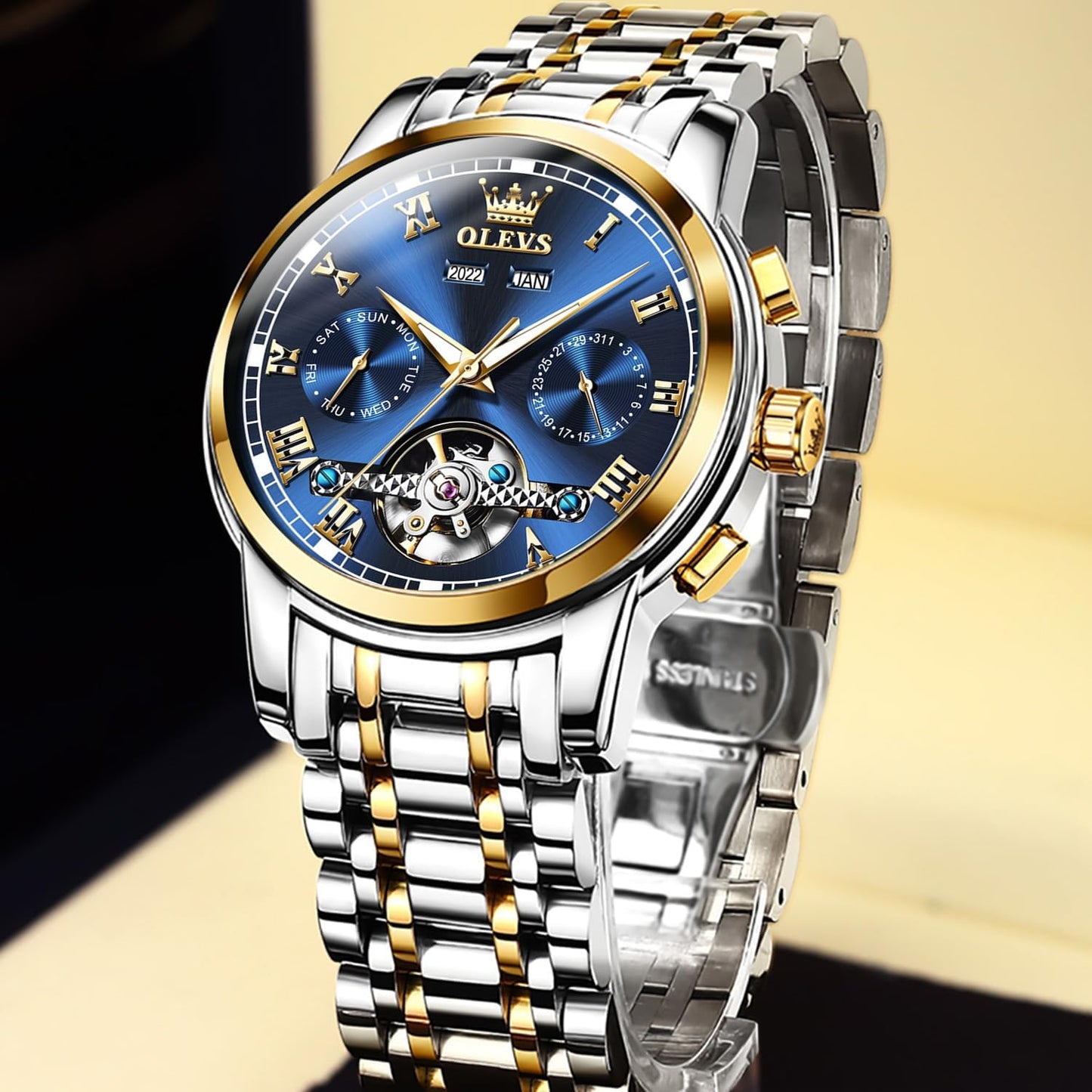 Automatic Watch(No Battery Required) Men'S Wrist Watches Self-Wind Mechanical Watches Fashion Classic Tourbillon Skeleton Watch Black Blue Green Face,Adjustable Bracelet (Gift Tool)