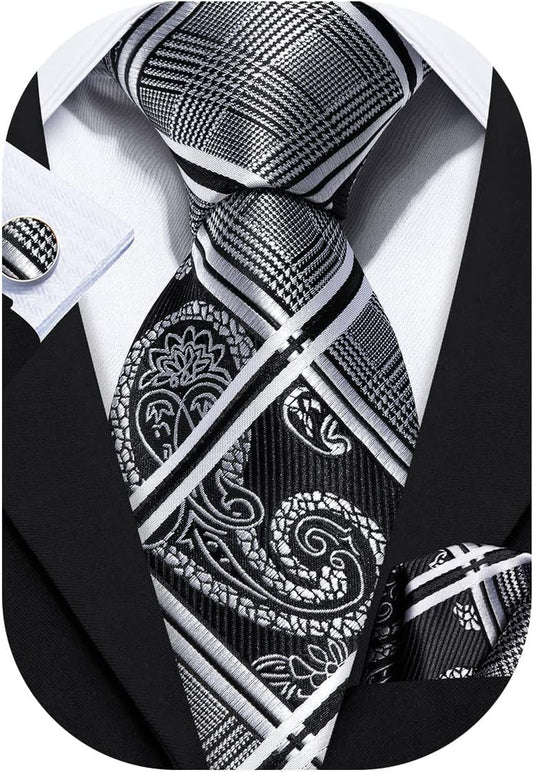 Men Ties Paisley Woven Silk Necktie Set with Pocket Suqare Cufflinks Formal