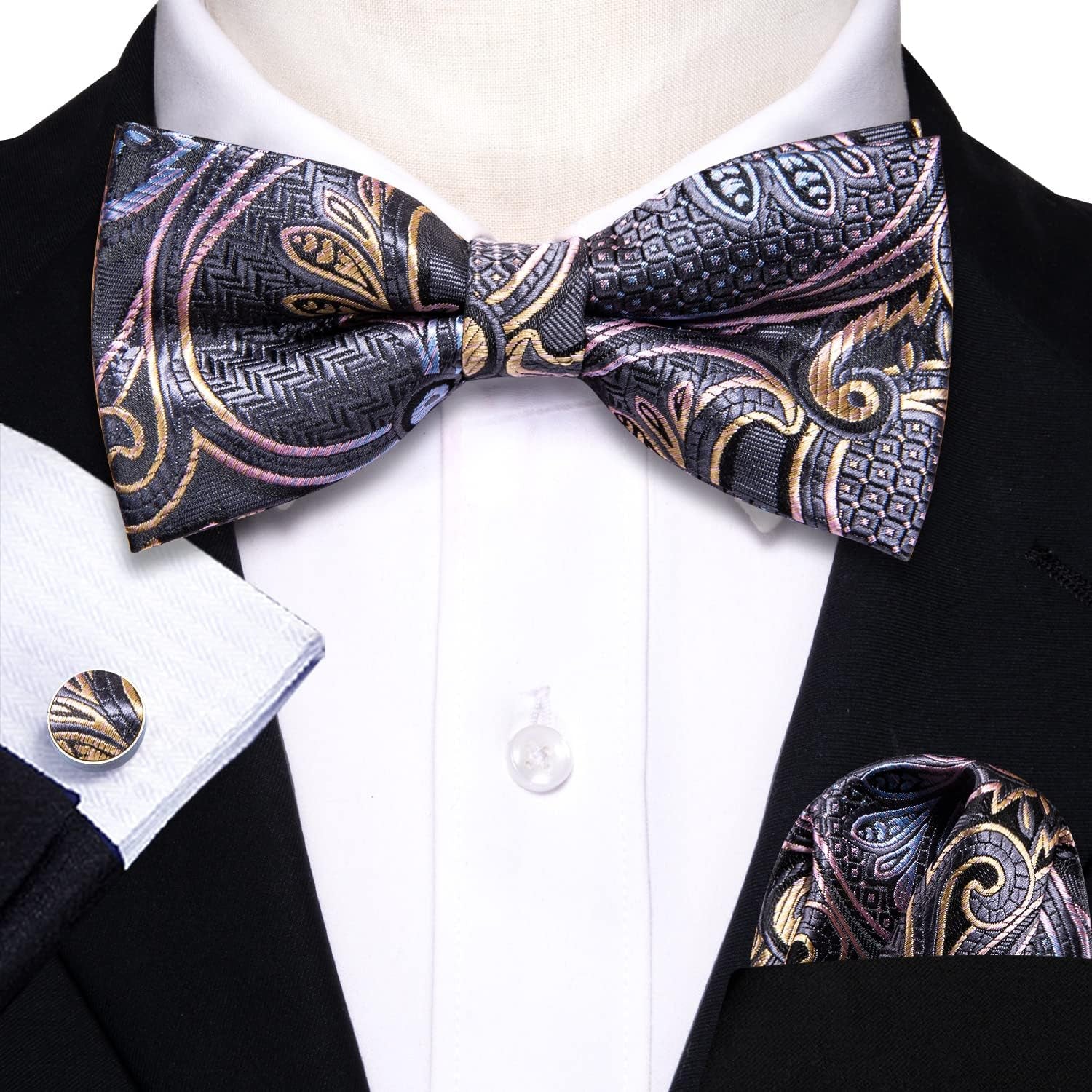 Paisley Striped Bow Tie for Men Silk Pre-Tied Bowtie Pocket Square Cufflinks Set Formal Wedding Party Prom