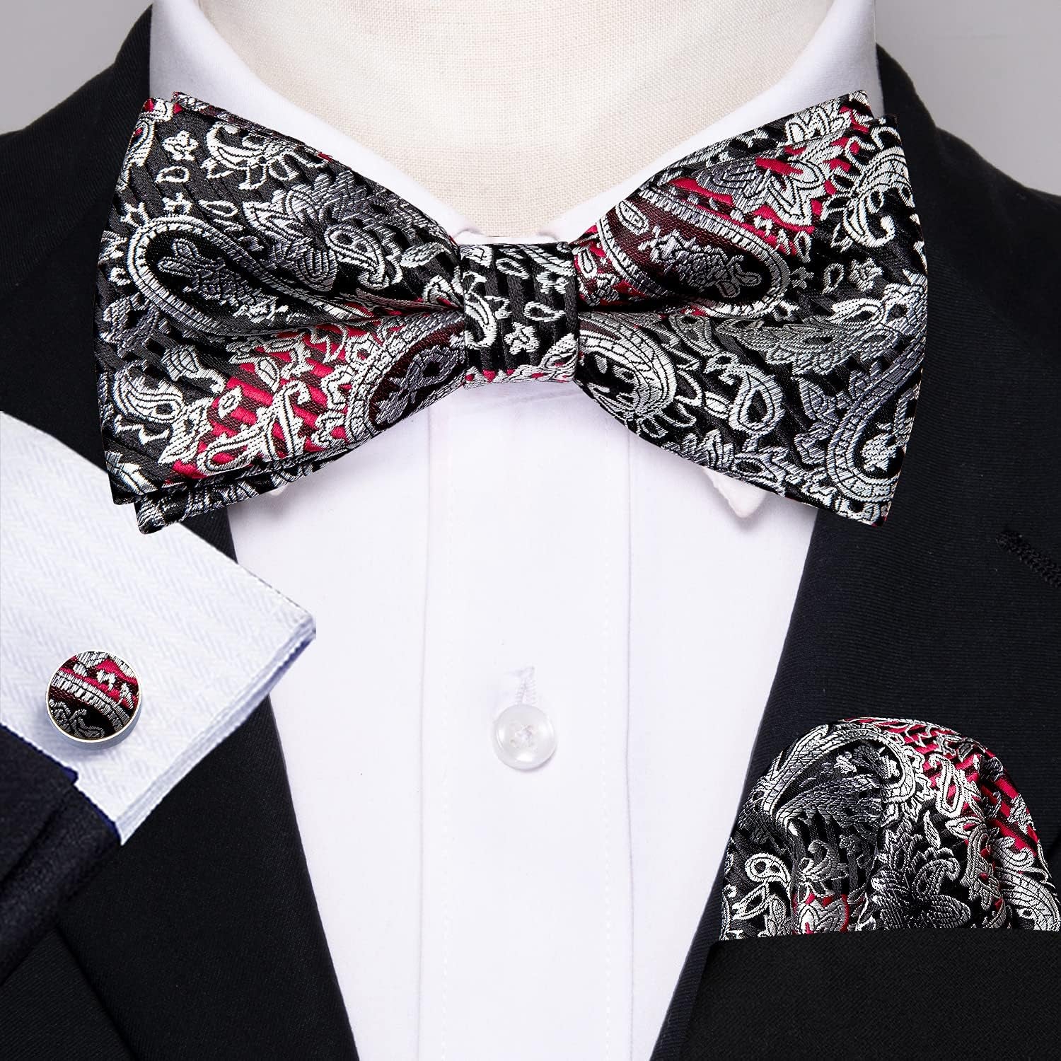 Paisley Striped Bow Tie for Men Silk Pre-Tied Bowtie Pocket Square Cufflinks Set Formal Wedding Party Prom