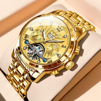 Self Winding Watches for Men Tourbillon Automatic Mechanics Luxury Dress Stainless Steel Strap Luminous Waterproof Men Wrist Watches