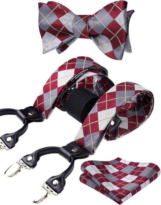 Bow Tie and Suspenders for Men Plaid Suspender Self Bowtie Pocket Square Adjustable Y Shape Mens Trouser Braces