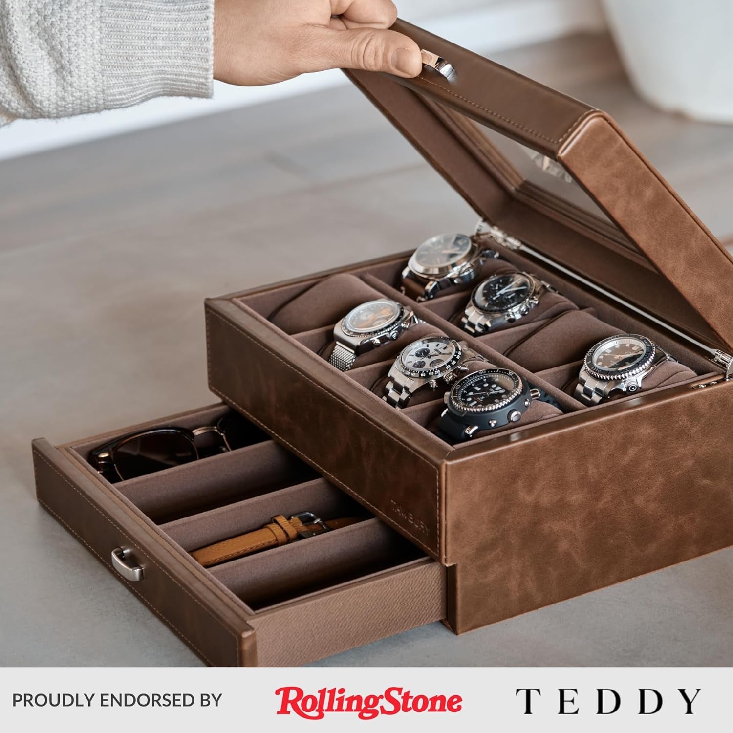 8 Slot Watch Box with Storage Drawer – Premium Watch Storage Case for Men | 2.2-Inch Wide Pillows Hold Small & Ovesized Watches (Brown)