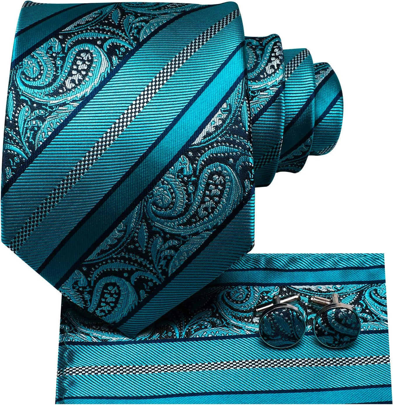 Men Ties Sets Silk Stripe Paisley Necktie Pocket Square Cufflinks for Business Wedding