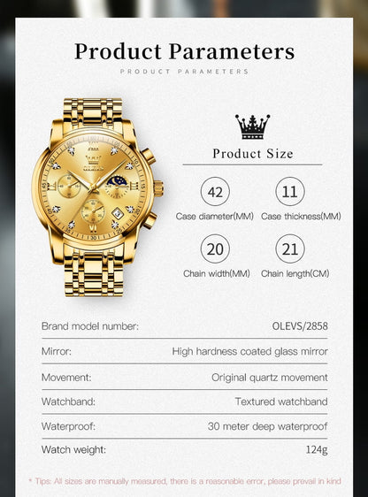 Watches for Men, Mens Watches Gifts for Men Chronograph Analog Quartz Luxury Casual Classic Diamond Waterproof Luminous Gold Stainless Steel Reloj Para Hombre