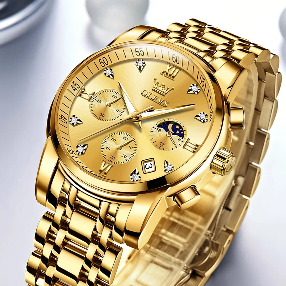 Watches for Men, Mens Watches Gifts for Men Chronograph Analog Quartz Luxury Casual Classic Diamond Waterproof Luminous Gold Stainless Steel Reloj Para Hombre