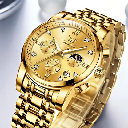 Watches for Men, Mens Watches Gifts for Men Chronograph Analog Quartz Luxury Casual Classic Diamond Waterproof Luminous Gold Stainless Steel Reloj Para Hombre