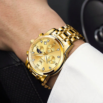 Watches for Men, Mens Watches Gifts for Men Chronograph Analog Quartz Luxury Casual Classic Diamond Waterproof Luminous Gold Stainless Steel Reloj Para Hombre