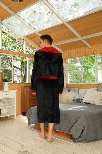 Mens Hooded Robe, Plush Robes for Men Long Fleece Bathrobe