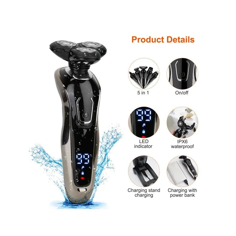 5 in 1 Electric Razor Shaver Rechargeable Cordless Head Beard Trimmer Shaver Kit IPX6 Waterproof Dry Wet Grooming Kit