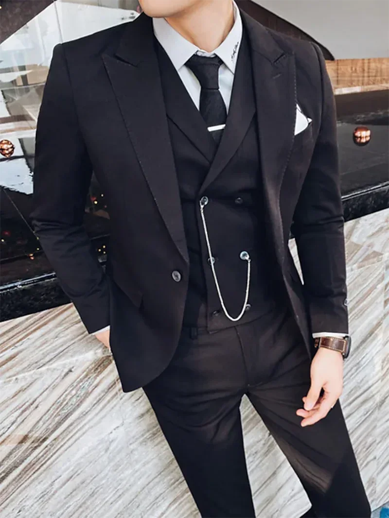 Men Business Casual Suit Set  Groom Tuxedos Party Suit 3 Piece （Blazer+Vest+Pants）Slim Fit  Handmade Coat Costume Homme