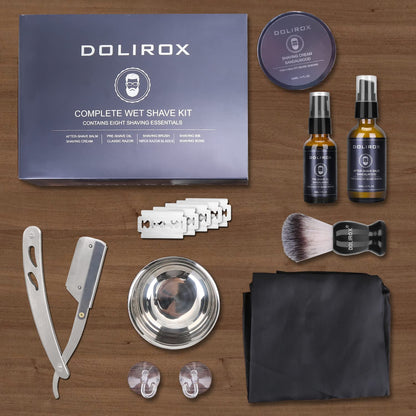 Shaving Kit for Men, Includes Straight Razor for Men, Shaving Cream, Pre Shave Oil, after Shave Balm for Men,Shaving Brush and Bowl, Beard Apron Bib, Gifts Set for Men Him Boyfriend Stocking Stuffers