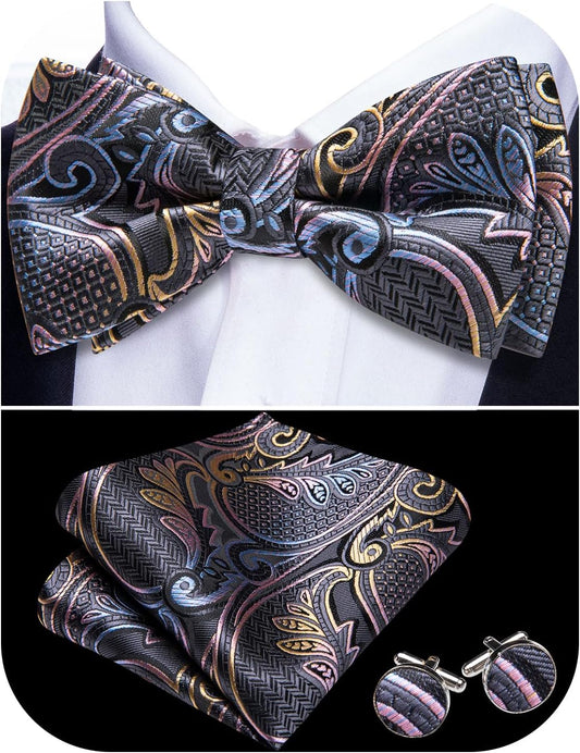 Paisley Striped Bow Tie for Men Silk Pre-Tied Bowtie Pocket Square Cufflinks Set Formal Wedding Party Prom