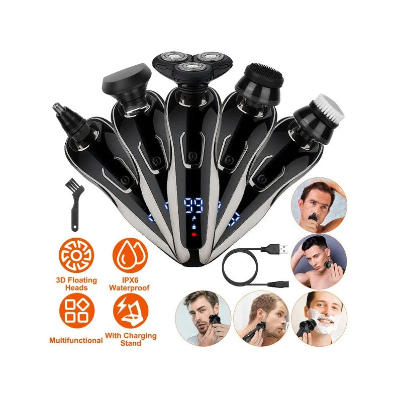 5 in 1 Electric Razor Shaver Rechargeable Cordless Head Beard Trimmer Shaver Kit IPX6 Waterproof Dry Wet Grooming Kit