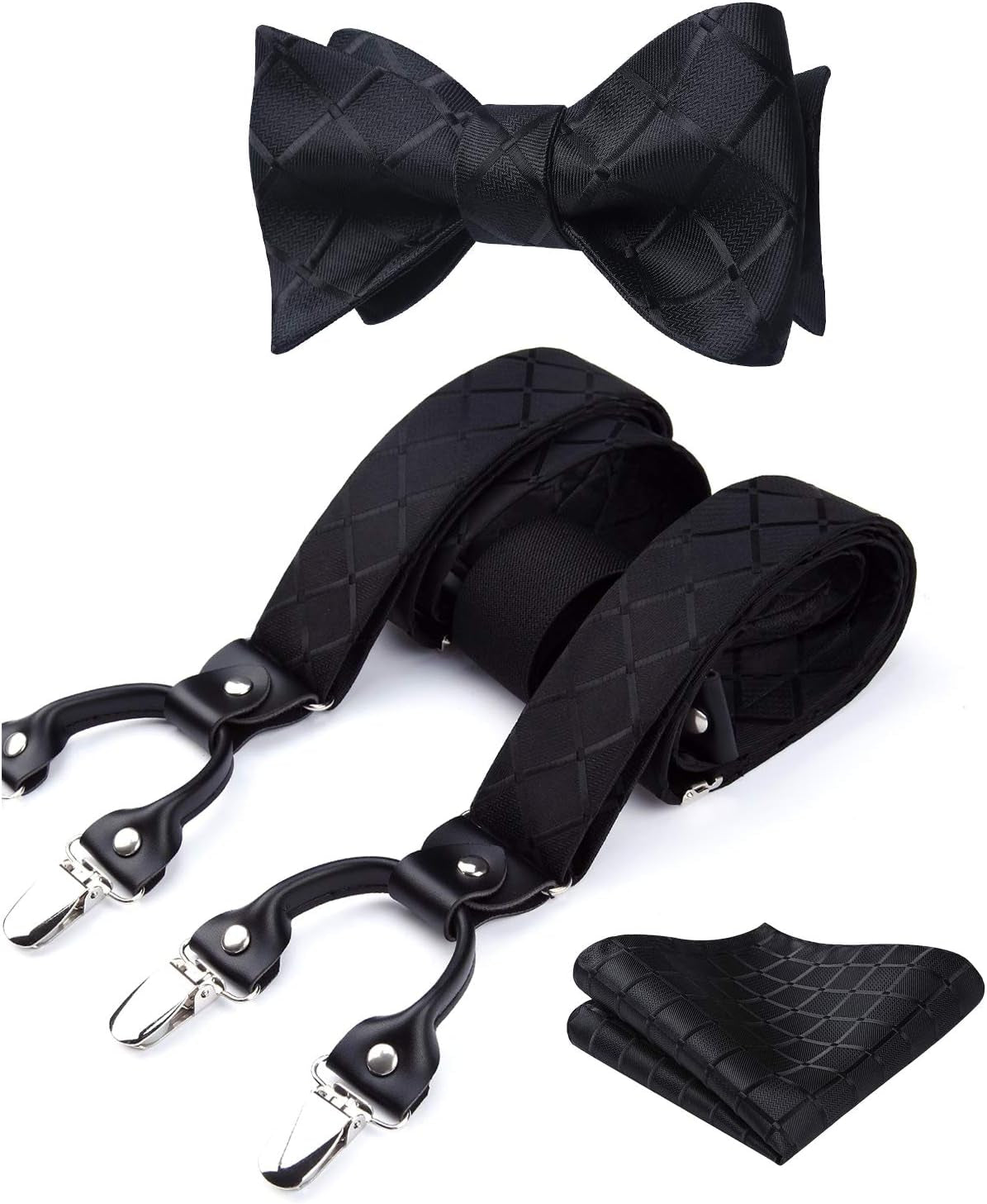 Bow Tie and Suspenders for Men Plaid Suspender Self Bowtie Pocket Square Adjustable Y Shape Mens Trouser Braces