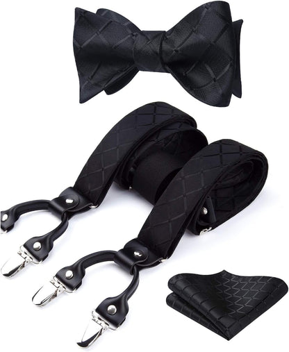 Bow Tie and Suspenders for Men Plaid Suspender Self Bowtie Pocket Square Adjustable Y Shape Mens Trouser Braces