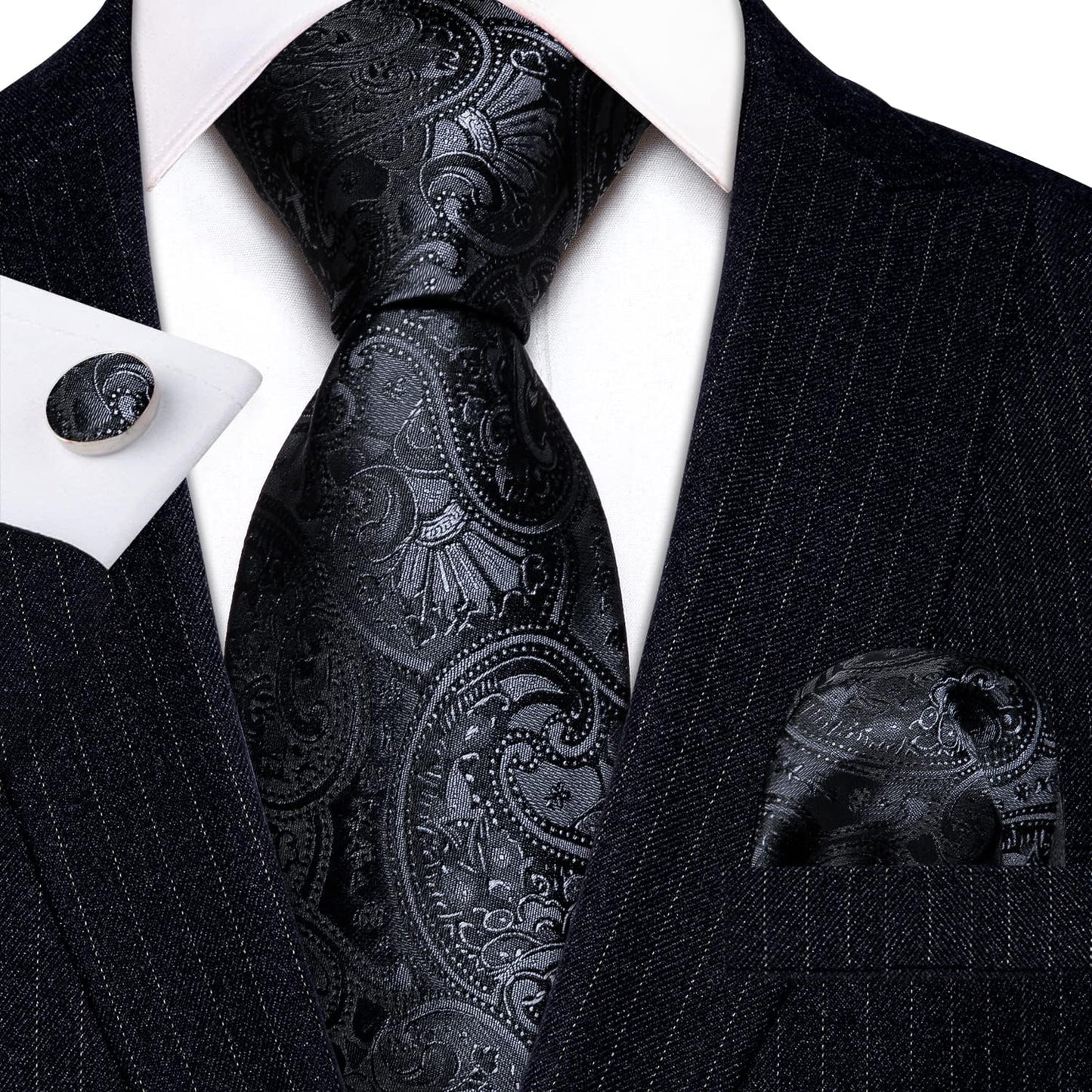 Paisley Tie Fashion Set Hanky Cufflinks Neckties for Men Woven Silk