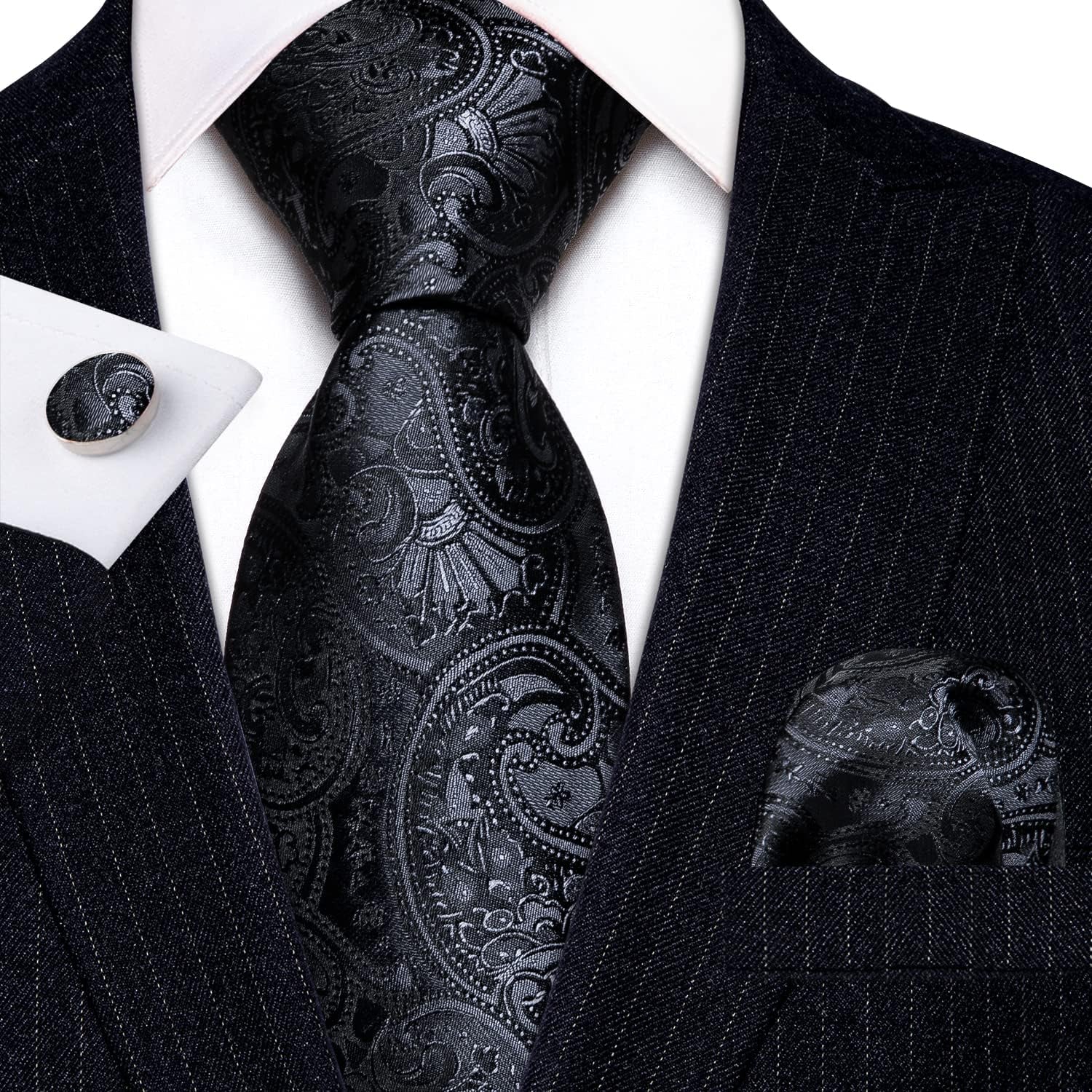 Paisley Tie Fashion Set Hanky Cufflinks Neckties for Men Woven Silk