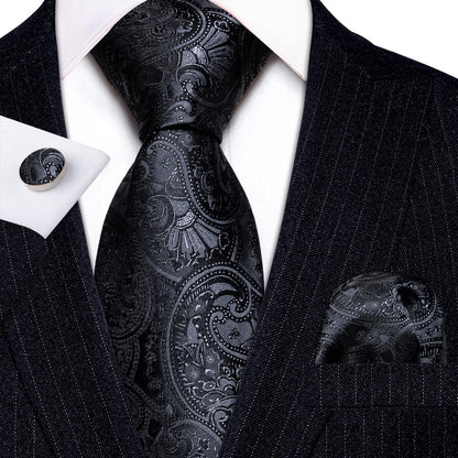 Paisley Tie Fashion Set Hanky Cufflinks Neckties for Men Woven Silk