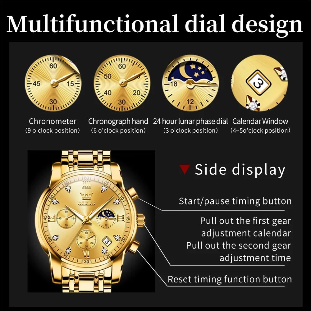 Watches for Men, Mens Watches Gifts for Men Chronograph Analog Quartz Luxury Casual Classic Diamond Waterproof Luminous Gold Stainless Steel Reloj Para Hombre