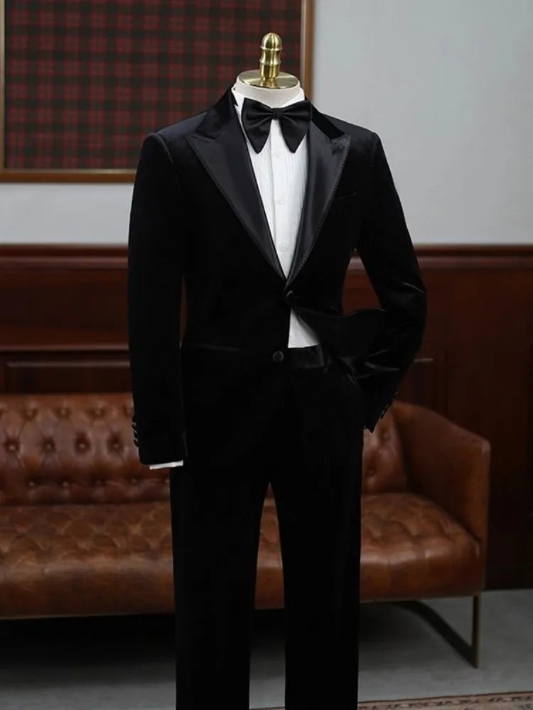 Business Formal Mens Luxury Velvet Suits Sets Slim Fit Elegant Fashion Banquet Groom Black Dress Blazers Pants Two Piece Set