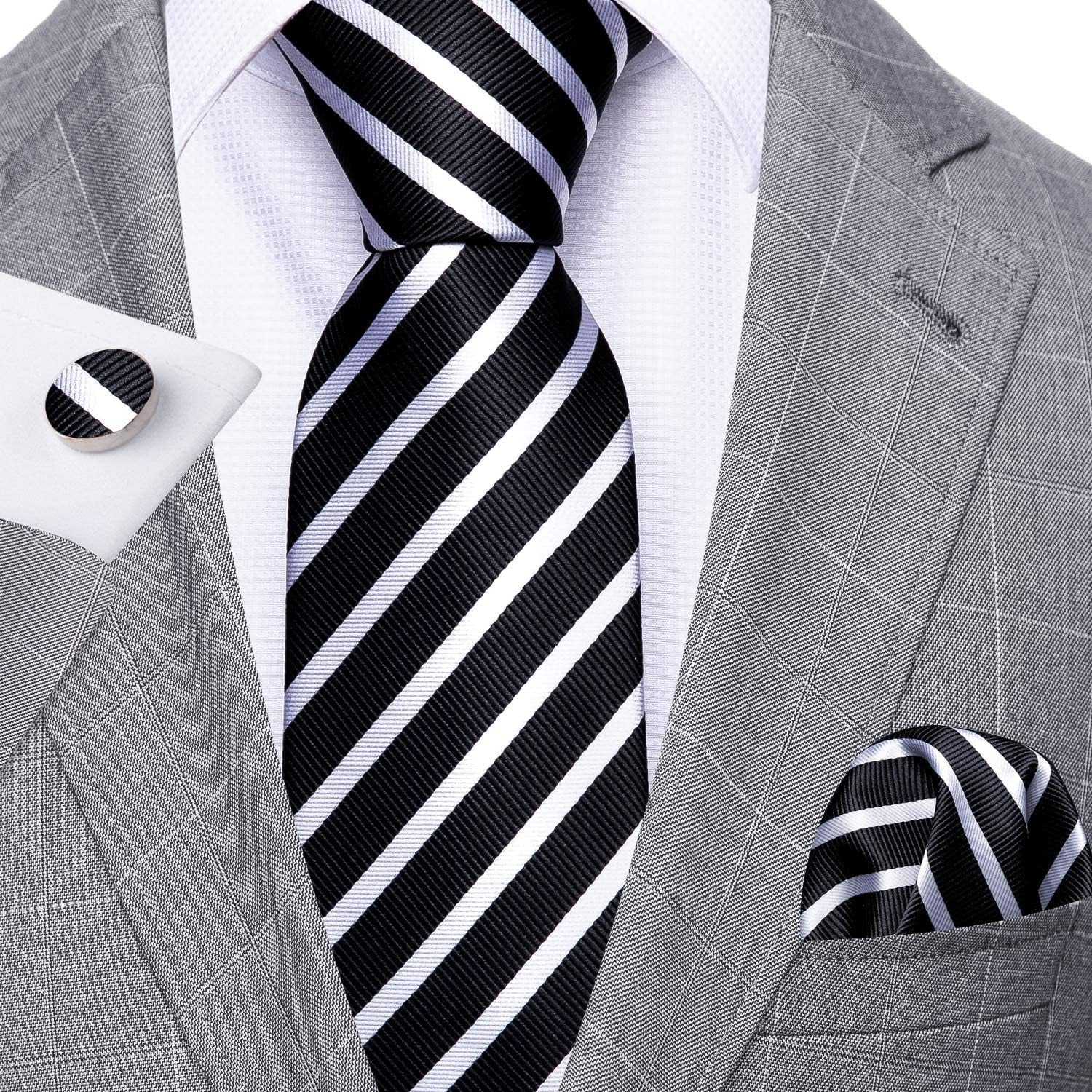 Stripe Men Ties Set Classic WOVEN Necktie with Handkerchief Cufflinks Formal