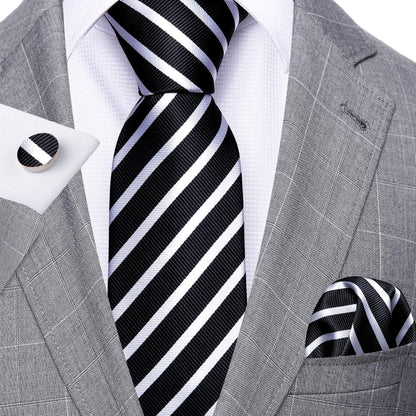 Stripe Men Ties Set Classic WOVEN Necktie with Handkerchief Cufflinks Formal