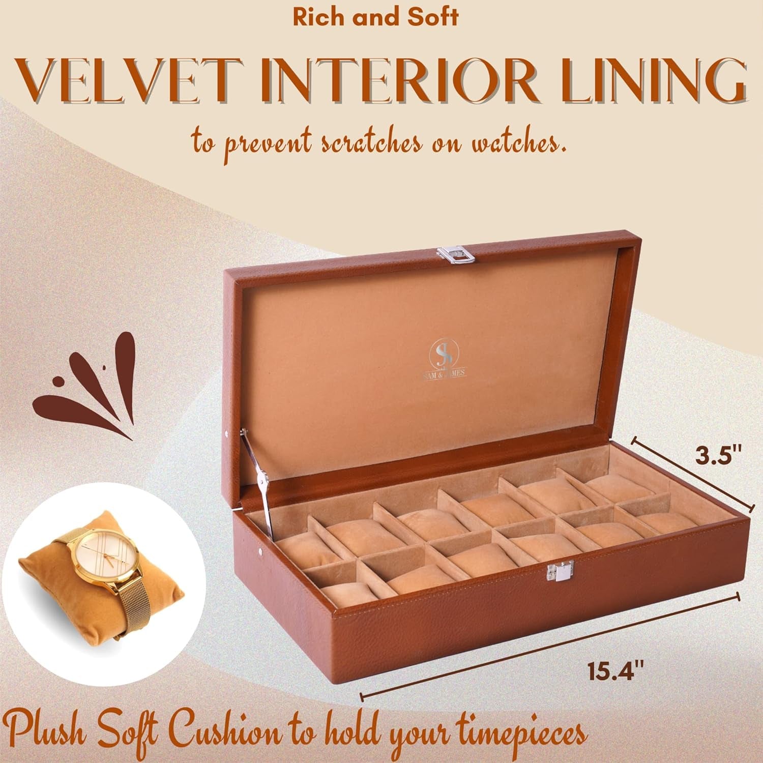 Genuine Leather Watch Cases for Men 12 Slot Wrist Watch Box | Full Grained Leather Organizer Mens Large Watch Case | Tan Leather Watch Box for Men | Real Leather Box with Lid for Closet Organization