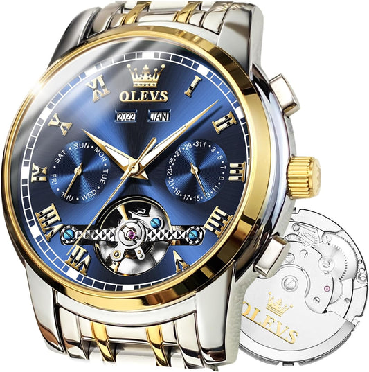 Automatic Watch(No Battery Required) Men'S Wrist Watches Self-Wind Mechanical Watches Fashion Classic Tourbillon Skeleton Watch Black Blue Green Face,Adjustable Bracelet (Gift Tool)
