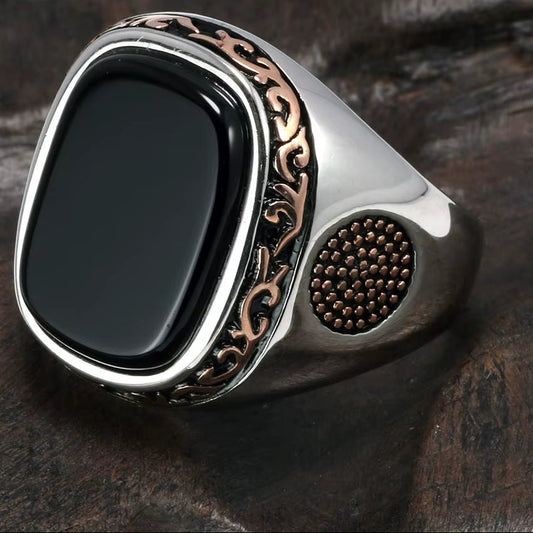 Real Pure Mens Rings Silver S925 Retro Vintage Turkish Rings for Men with Natural Black Onyx Stones Turkey Jewelry