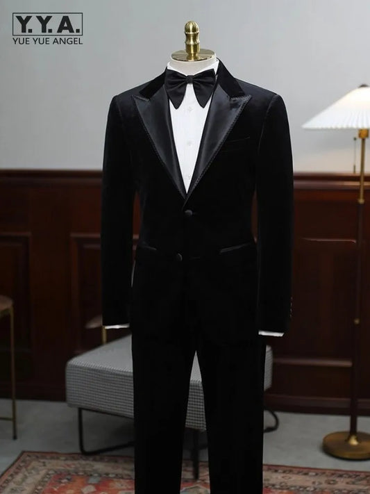 Business Formal Mens Luxury Velvet Suits Sets Slim Fit Elegant Fashion Banquet Groom Black Dress Blazers Pants Two Piece Set
