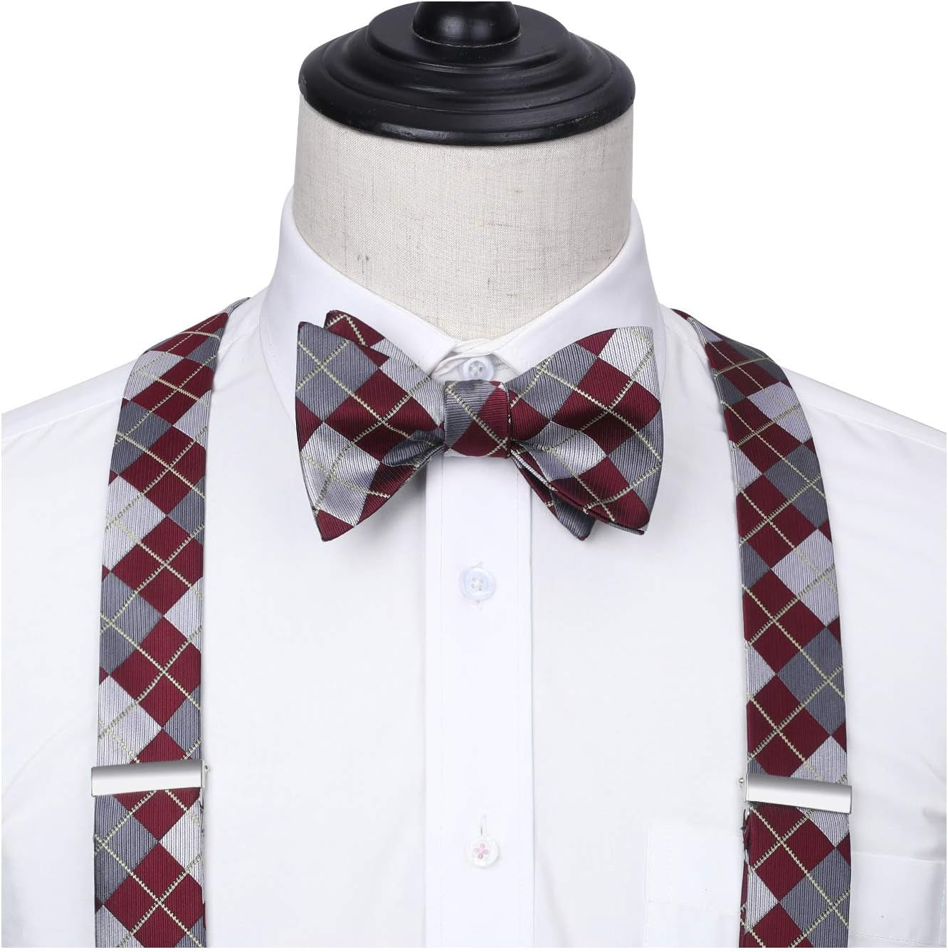 Bow Tie and Suspenders for Men Plaid Suspender Self Bowtie Pocket Square Adjustable Y Shape Mens Trouser Braces