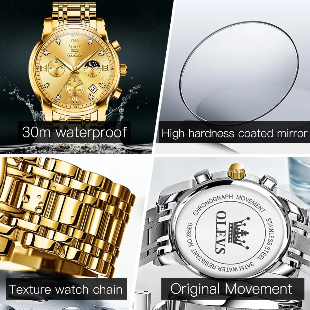 Watches for Men, Mens Watches Gifts for Men Chronograph Analog Quartz Luxury Casual Classic Diamond Waterproof Luminous Gold Stainless Steel Reloj Para Hombre