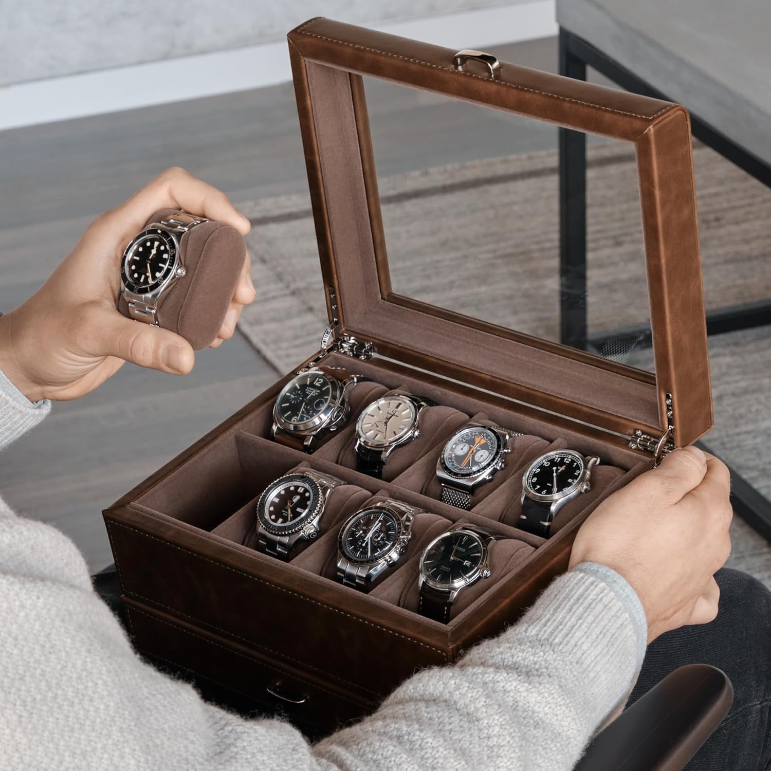 8 Slot Watch Box with Storage Drawer – Premium Watch Storage Case for Men | 2.2-Inch Wide Pillows Hold Small & Ovesized Watches (Brown)