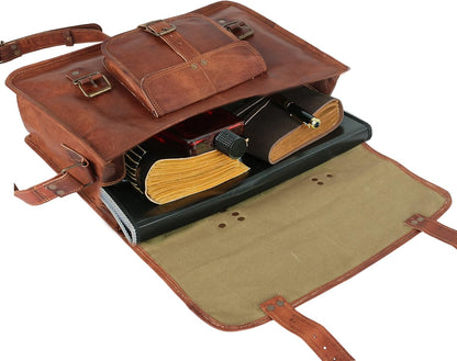16" Handmade Leather Travel Messenger Office Crossbody Bag Laptop Briefcase College Satchel Computer Best Bag for Men and Women Brown