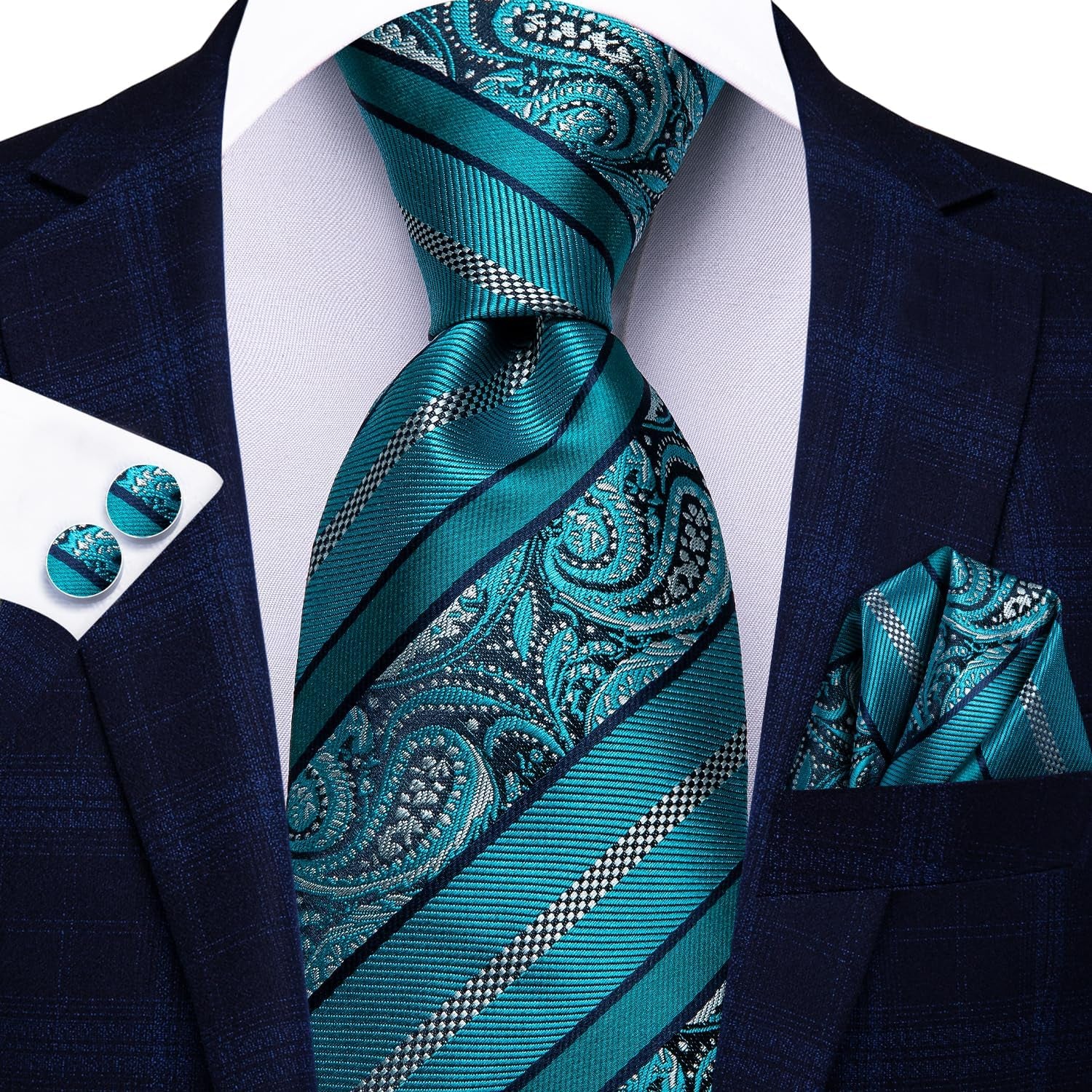 Men Ties Sets Silk Stripe Paisley Necktie Pocket Square Cufflinks for Business Wedding
