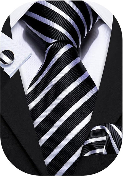 Stripe Men Ties Set Classic WOVEN Necktie with Handkerchief Cufflinks Formal