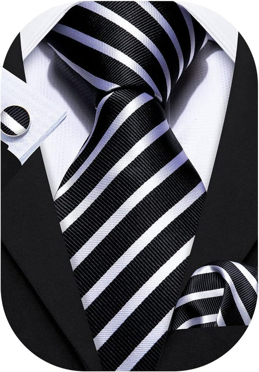 Stripe Men Ties Set Classic WOVEN Necktie with Handkerchief Cufflinks Formal