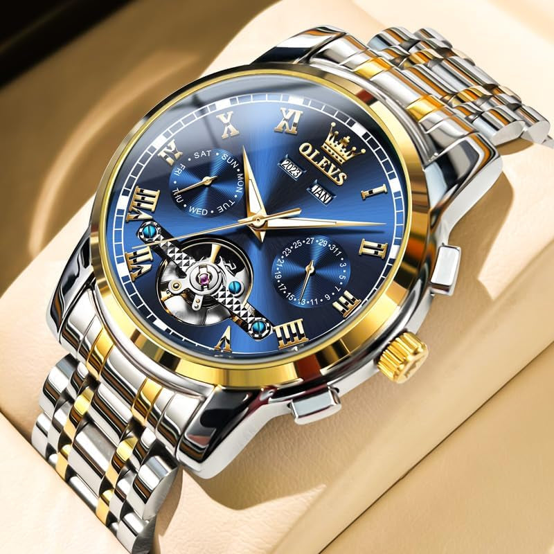 Automatic Watch(No Battery Required) Men'S Wrist Watches Self-Wind Mechanical Watches Fashion Classic Tourbillon Skeleton Watch Black Blue Green Face,Adjustable Bracelet (Gift Tool)