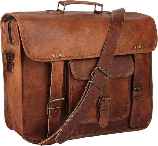16" Handmade Leather Travel Messenger Office Crossbody Bag Laptop Briefcase College Satchel Computer Best Bag for Men and Women Brown