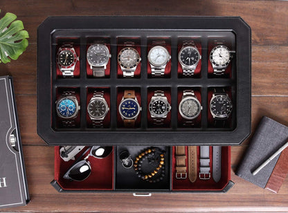 12 Slot Leather Watch Box with Valet Drawer - 12 Slot Luxury Watch Case Display Organizer, Microsuede Liner, Mens Accessories Holder, Jewelry Case, Jewelry Display Organizer (Black/Red)
