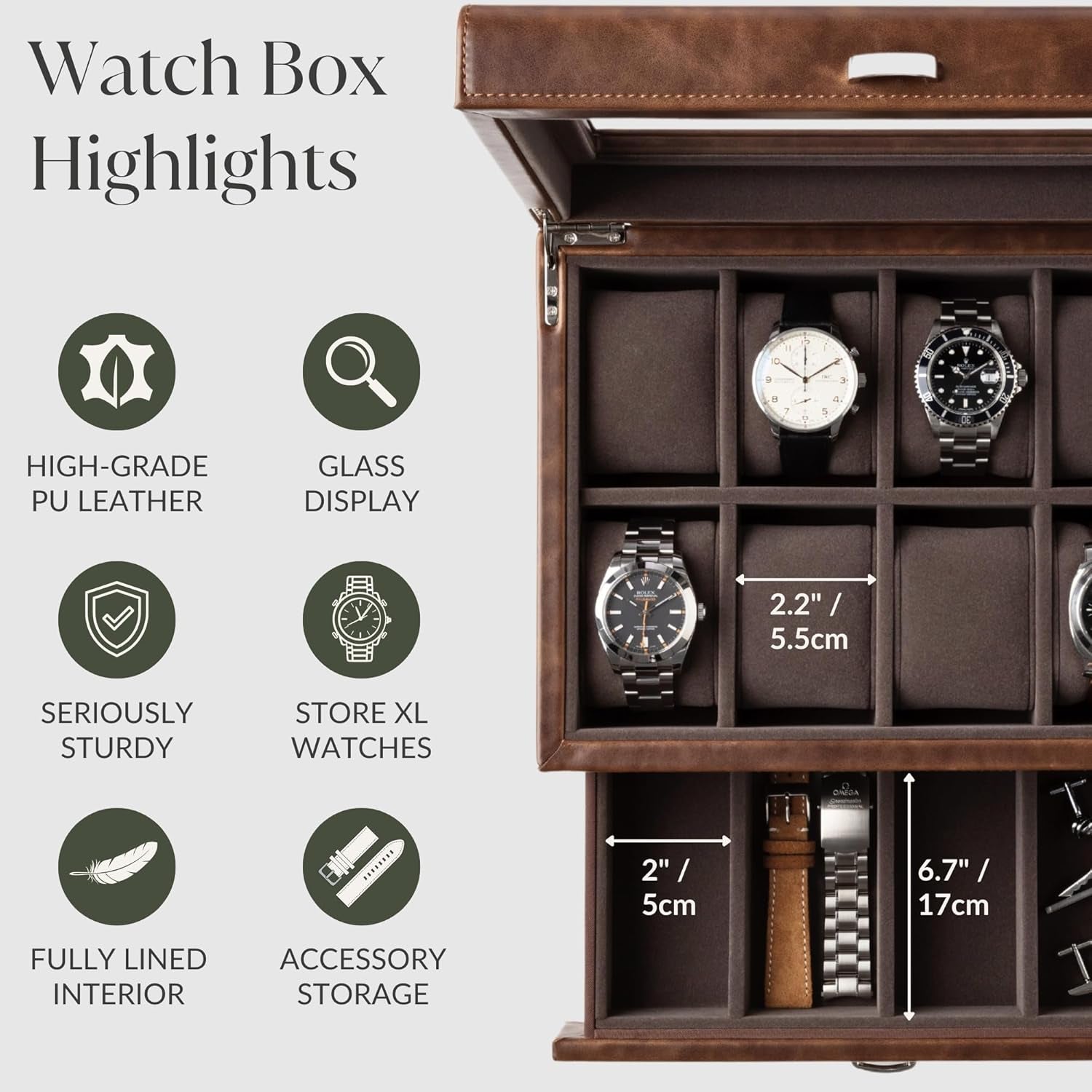 8 Slot Watch Box with Storage Drawer – Premium Watch Storage Case for Men | 2.2-Inch Wide Pillows Hold Small & Ovesized Watches (Brown)