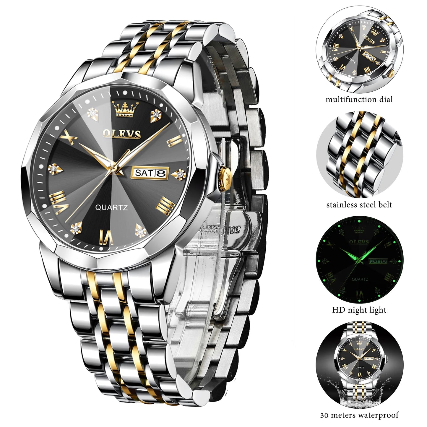 Watches for Men Business Dress Analog Quartz Two Tone Gold Plated Stainless Steel Classic Waterproof Luminous Date Casual Mens Wrist Watches Reloj Para Hombre