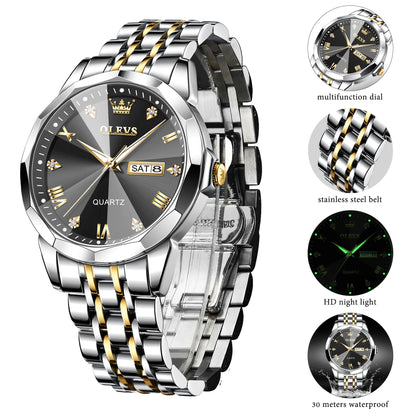 Watches for Men Business Dress Analog Quartz Two Tone Gold Plated Stainless Steel Classic Waterproof Luminous Date Casual Mens Wrist Watches Reloj Para Hombre