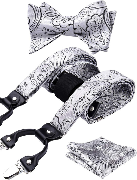 Suspenders for Men Paisley Floral Self Tied Bow Tie and Suspender Pocket Square Sets Adjustable Wedding Braces